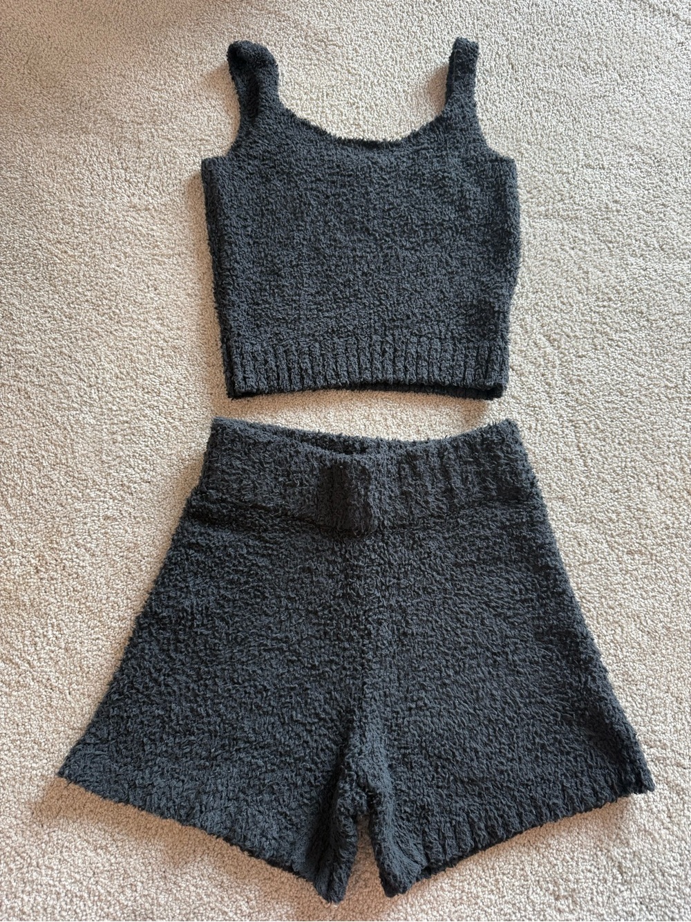 SKIMS Charcoal Fuzzy Knit Crop Tank and Lounge Shorts Set